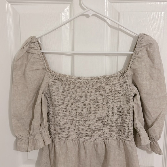 Reformation Cerise Linen Smocked Puff Sleeve Mini Dress in Sand Size Small - Picture 10 of 13